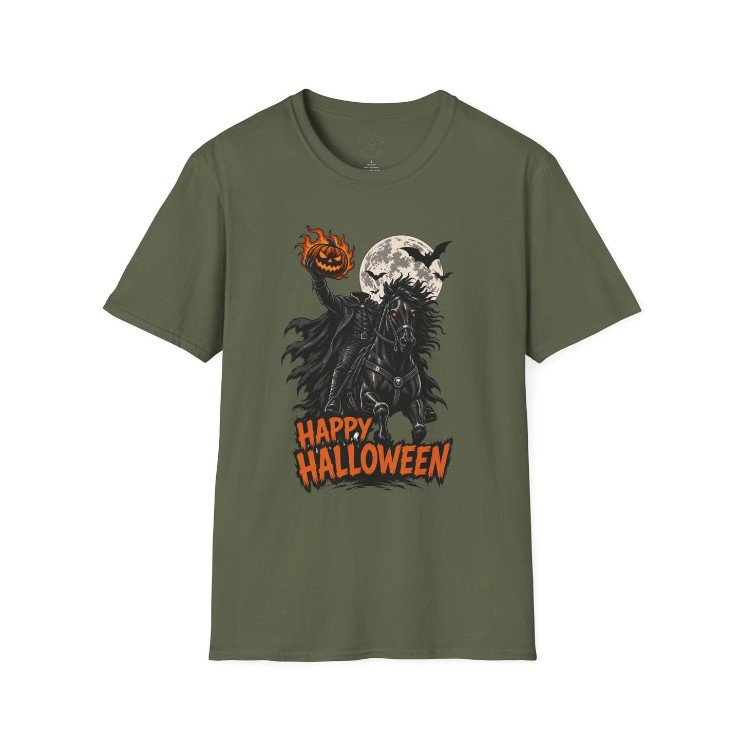 Happy Halloween Headless Horseman T‑Shirt — Pumpkin Head, Full Moon Gothic Tee