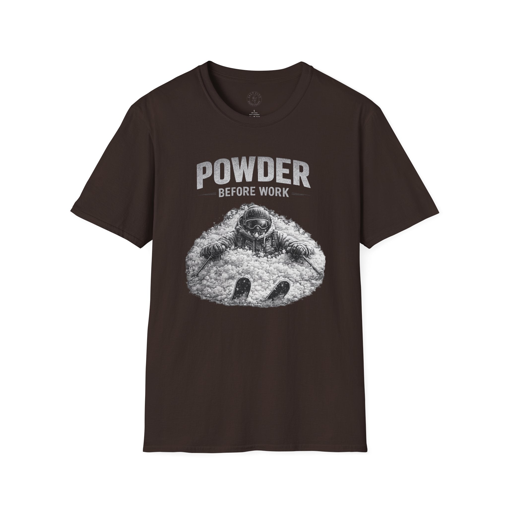 Powder Before Work T-Shirt — Ski & Snowboard Powder Lover Tee