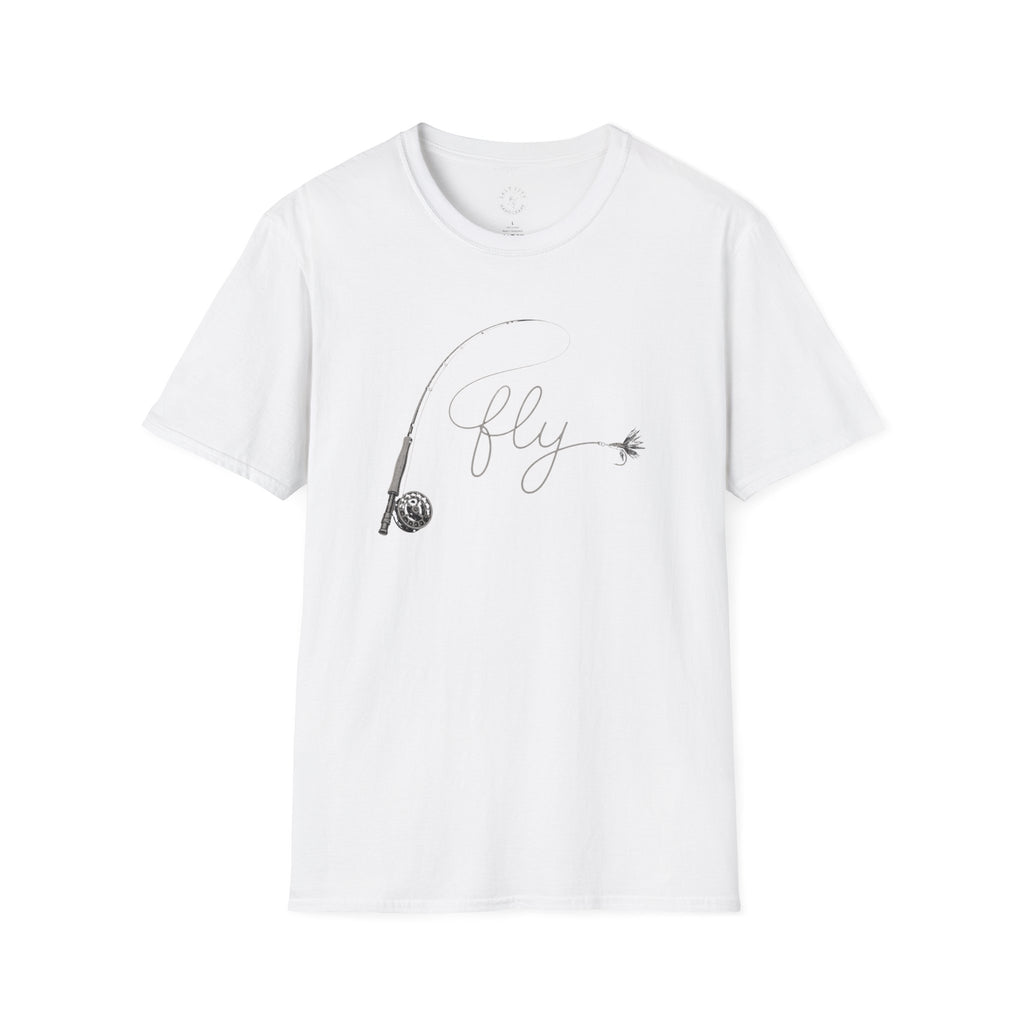 Fly Fishing T-Shirt — Minimal Fly & Rod Illustration