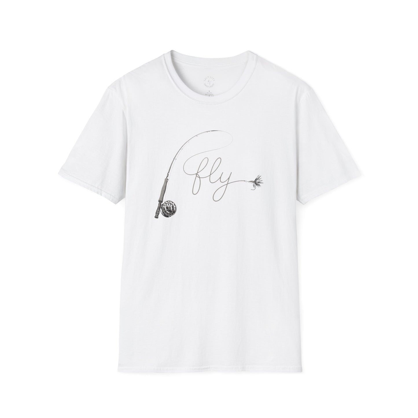 Fly Fishing T-Shirt — Minimal Fly & Rod Illustration