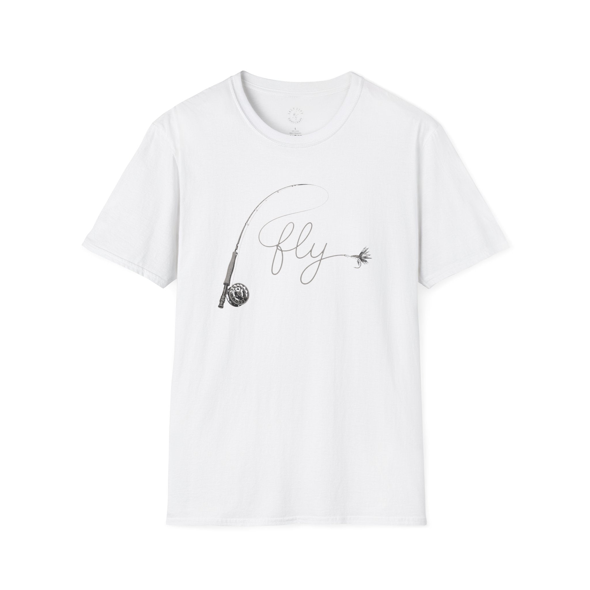 Fly Fishing T-Shirt — Minimal Fly & Rod Illustration