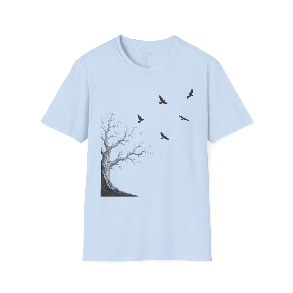 Ravens in Flight Tree T‑Shirt — Minimal Nature Graphic Tee