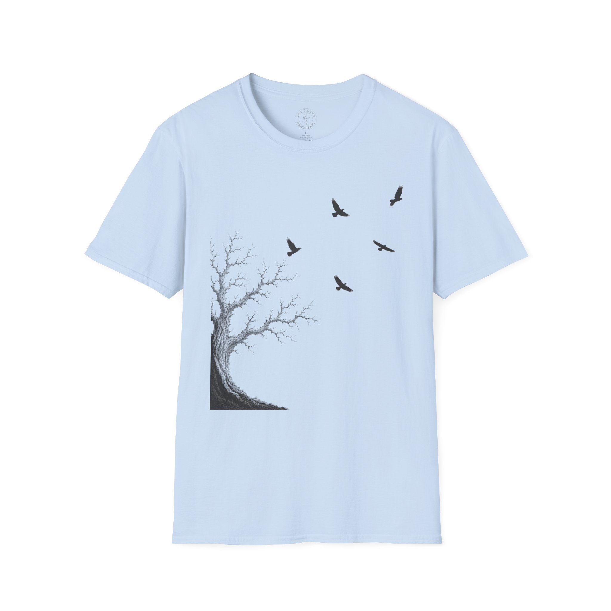 Ravens in Flight Tree T‑Shirt — Minimal Nature Graphic Tee