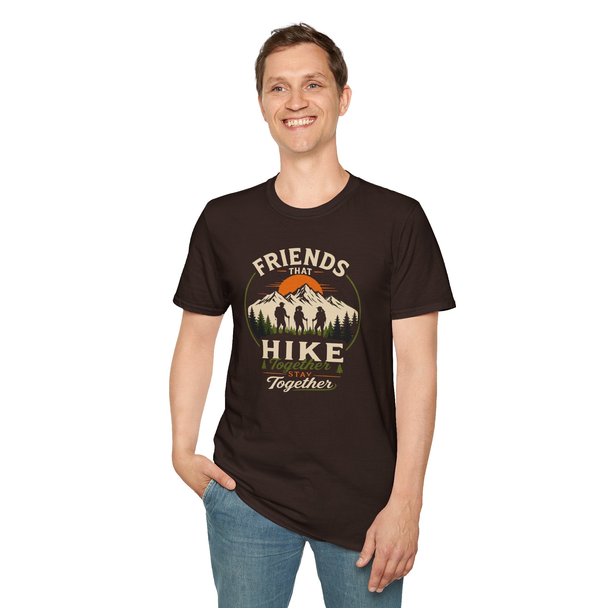 Hiking T-Shirt — "Friends That Hike Together" Retro Mountain Crew Tee