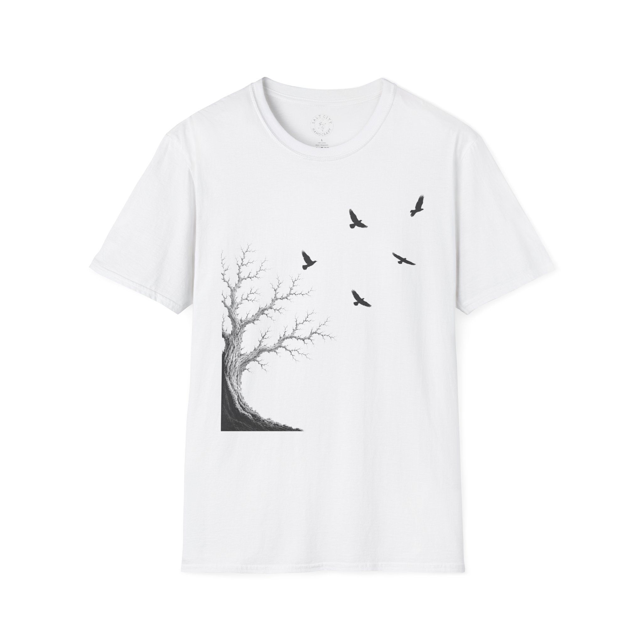 Ravens in Flight Tree T‑Shirt — Minimal Nature Graphic Tee