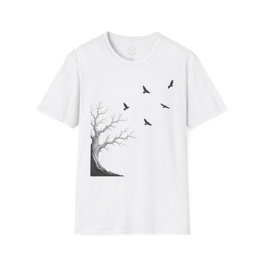 Ravens in Flight Tree T‑Shirt — Minimal Nature Graphic Tee