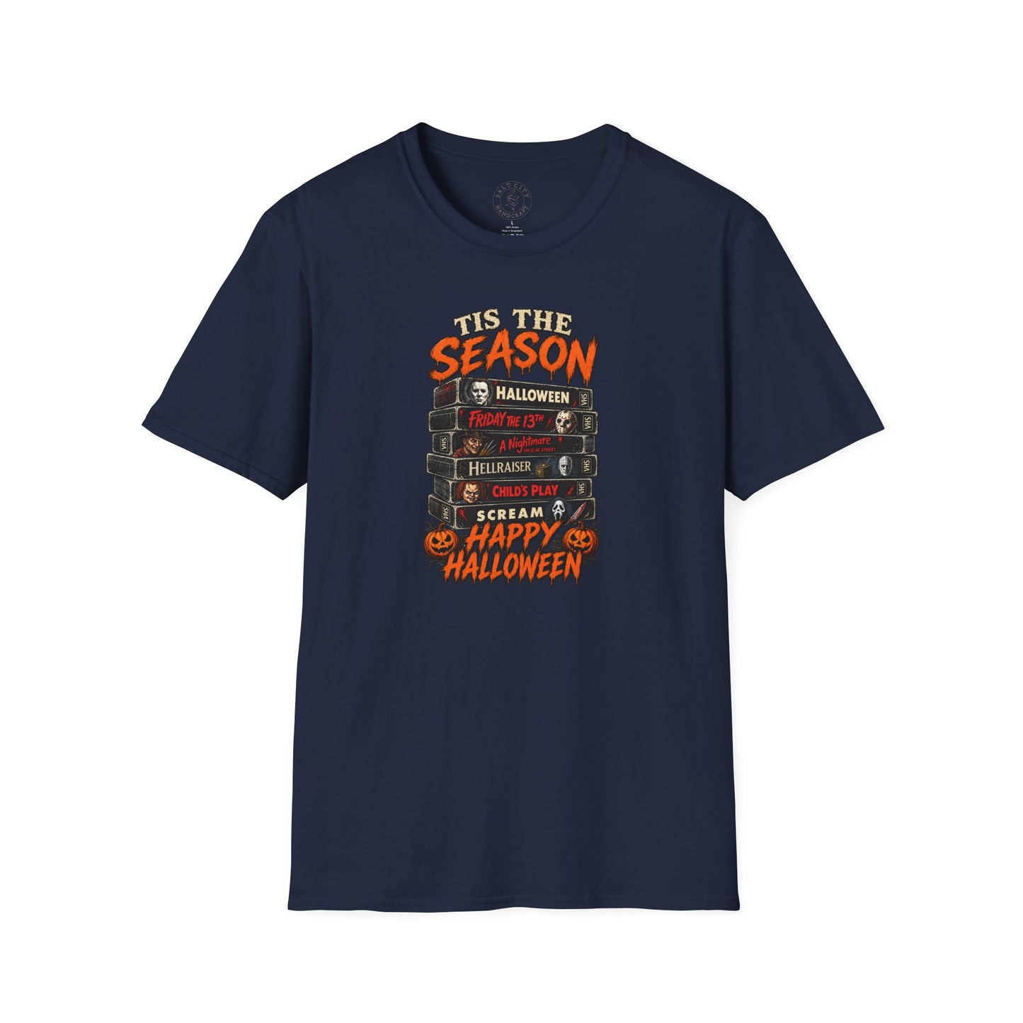 Halloween Horror Stack T‑Shirt — “’Tis The Season” Classic Horror VHS Design