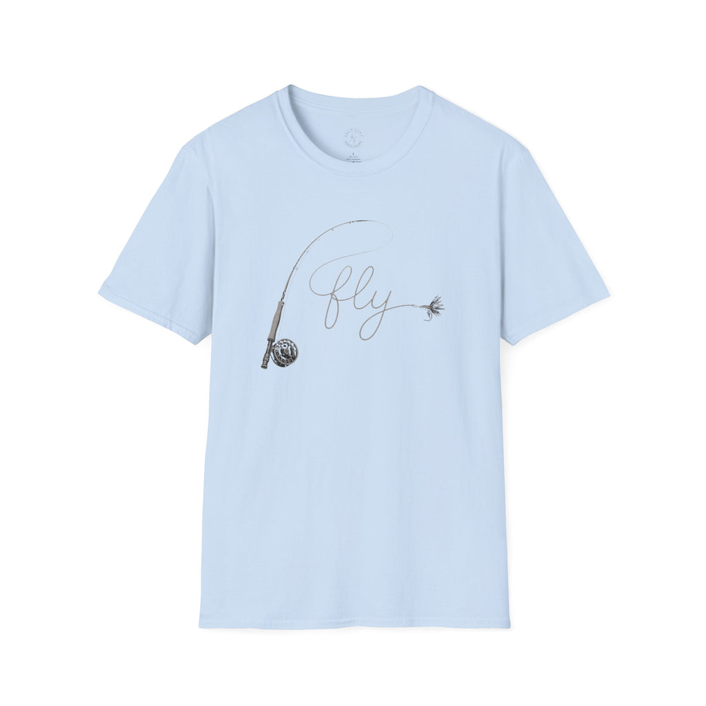 Fly Fishing T-Shirt — Minimal Fly & Rod Illustration