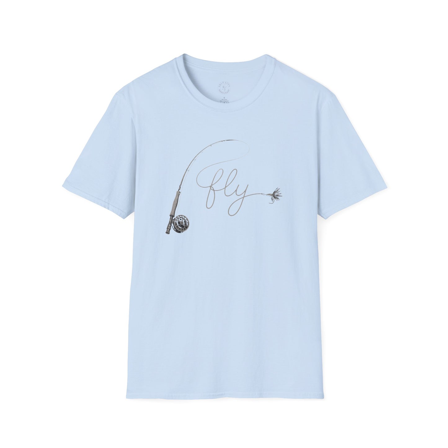 Fly Fishing T-Shirt — Minimal Fly & Rod Illustration