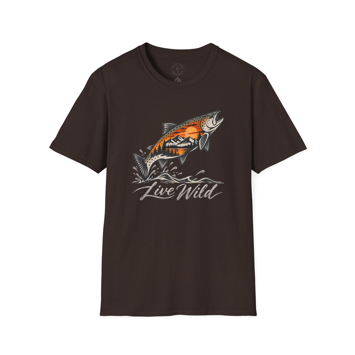 Fishing Salmon T-Shirt — 'Live Wild' Mountain Sunset Fish Tee