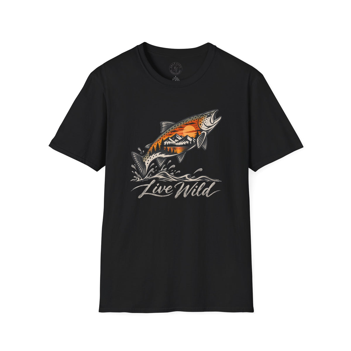 Fishing Salmon T-Shirt — 'Live Wild' Mountain Sunset Fish Tee