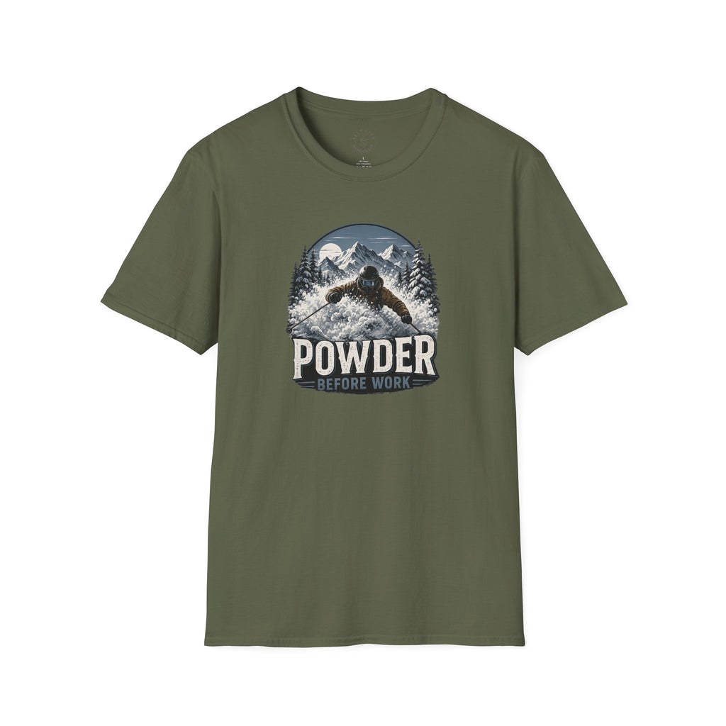 Powder Before Work Ski T-Shirt | Vintage Mountain Snowboarding Tee | Unisex Tee