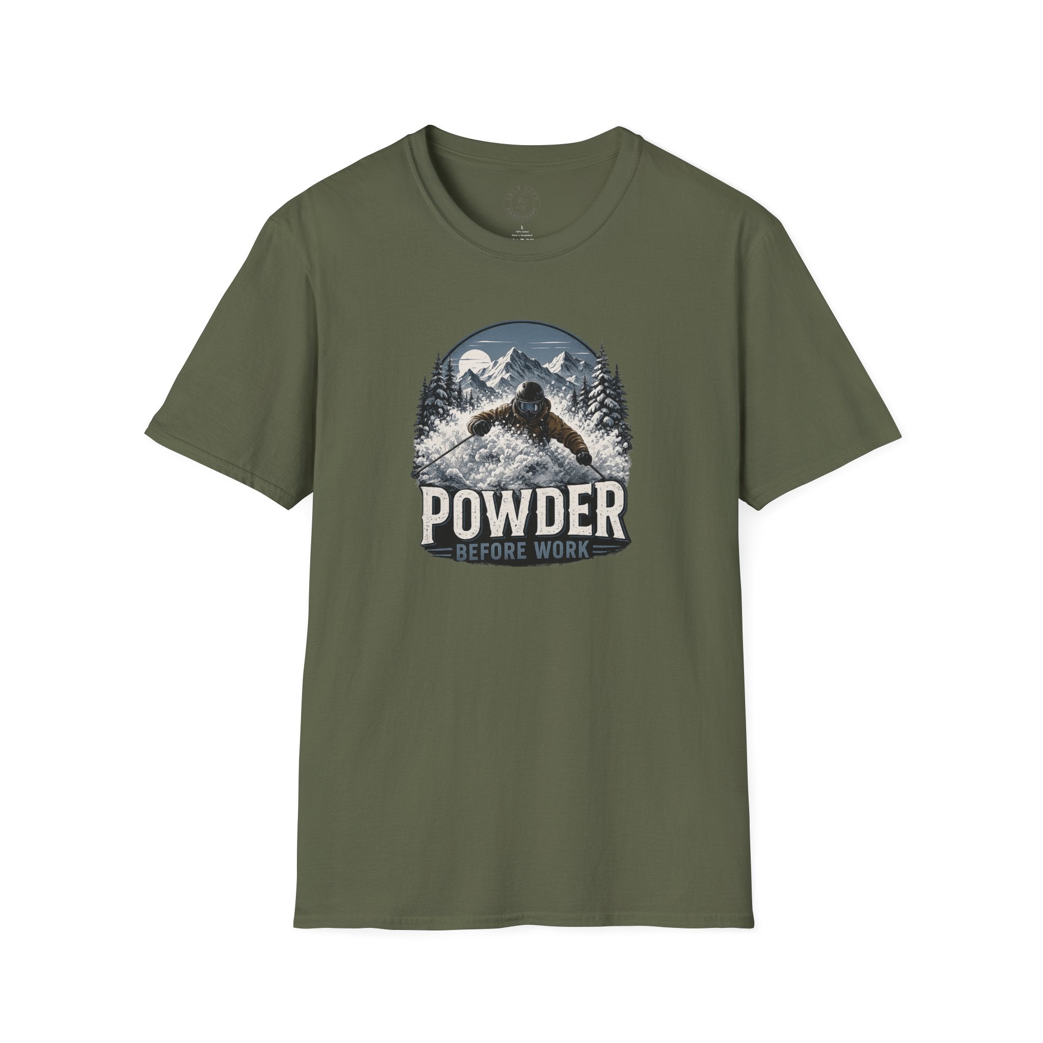 Powder Before Work Ski T-Shirt | Vintage Mountain Snowboarding Tee | Unisex Tee