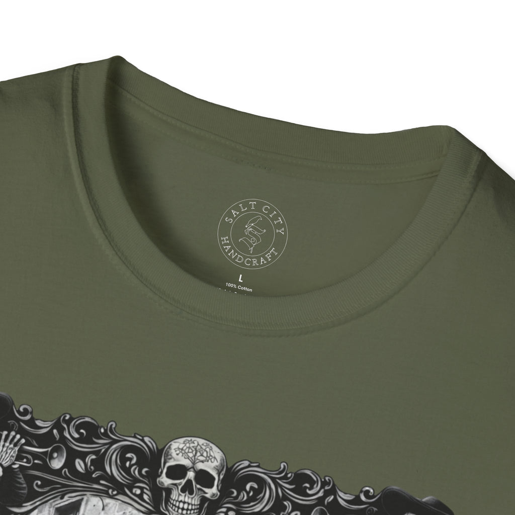 Skeleton Mariachi Band Tee | Ornate Gothic Style Framing | Unisex Softstyle T-Shirt