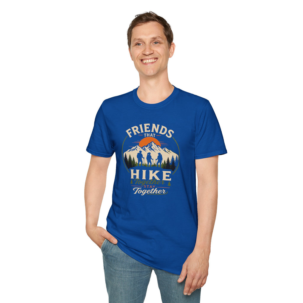 Hiking T-Shirt — "Friends That Hike Together" Retro Mountain Crew Tee