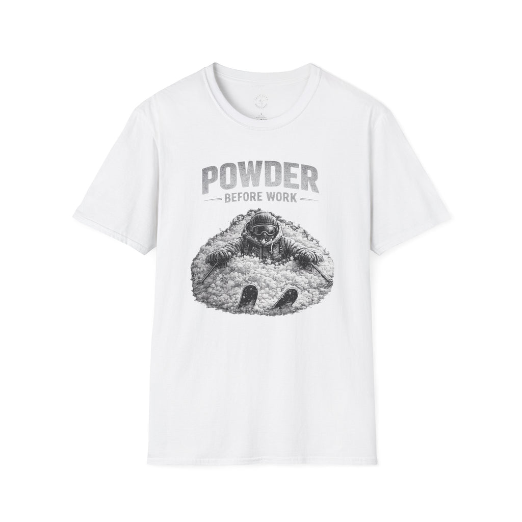 Powder Before Work T-Shirt — Ski & Snowboard Powder Lover Tee