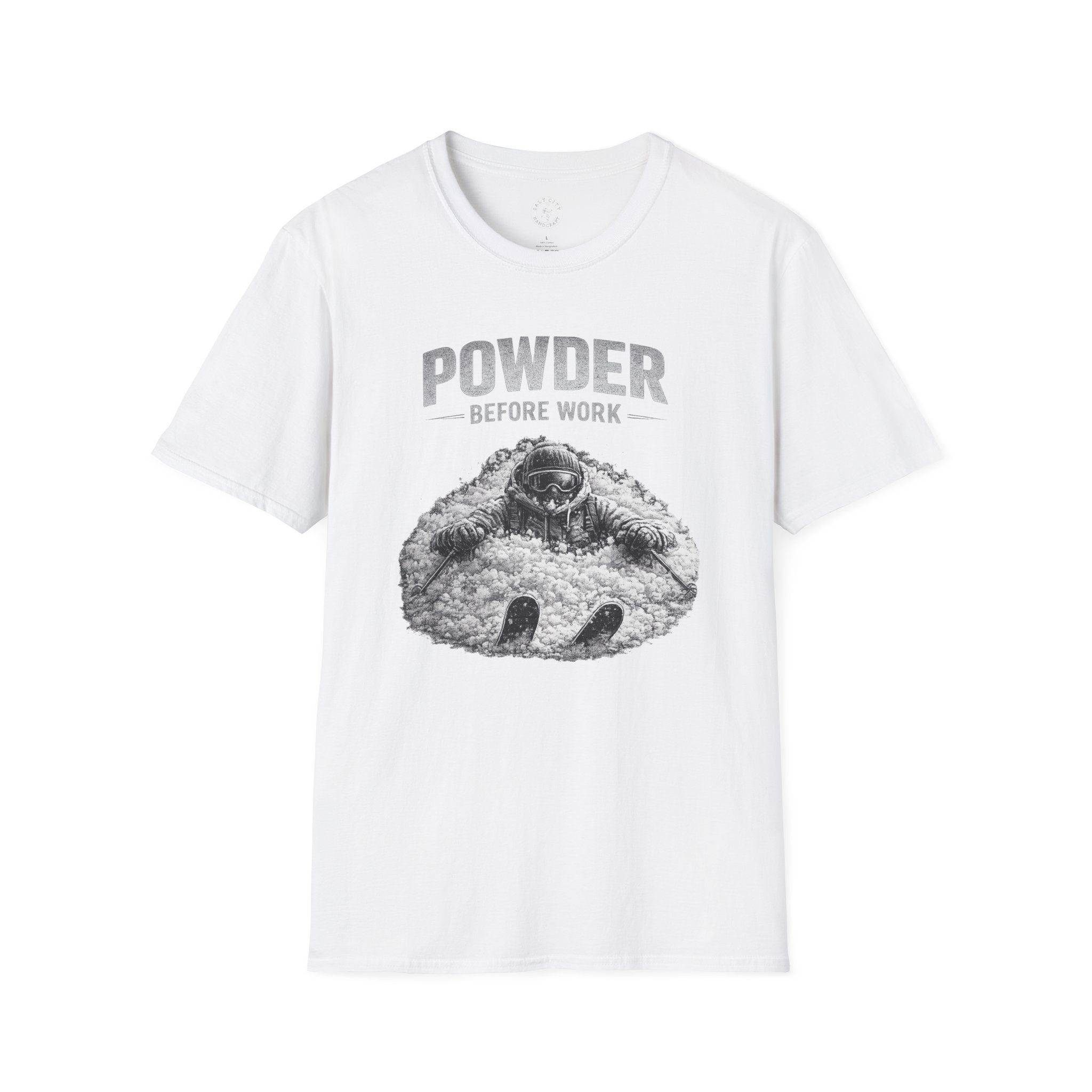 Powder Before Work T-Shirt — Ski & Snowboard Powder Lover Tee