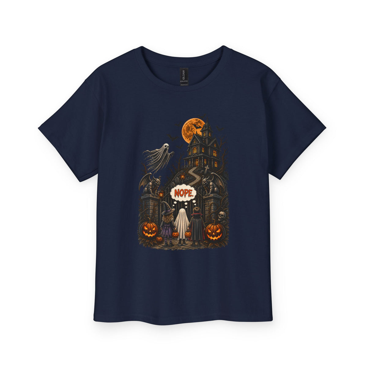 YOUTH Halloween Tee — Spooky Haunted House Halloween Shirt (“NOPE” Design)
