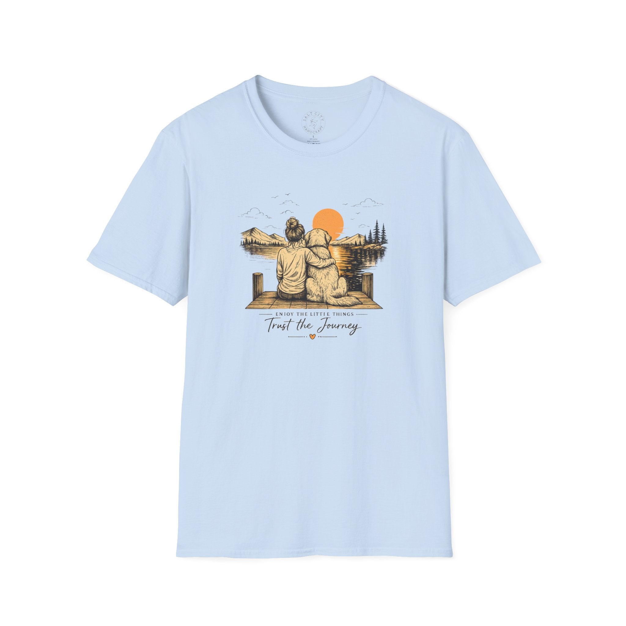 Unisex Girl and Dog T-Shirt — 'Trust the Journey' Dog & Girl Lakeside Sunset Tee