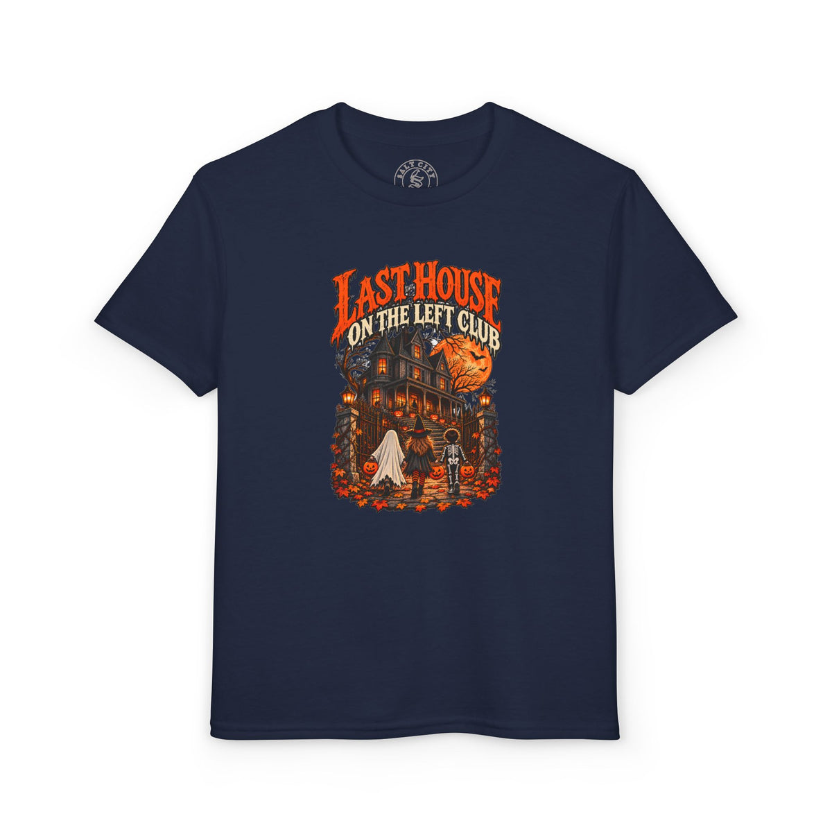 Youth T-Shirt — "Last House on the Left Club" Halloween Haunted House Graphic