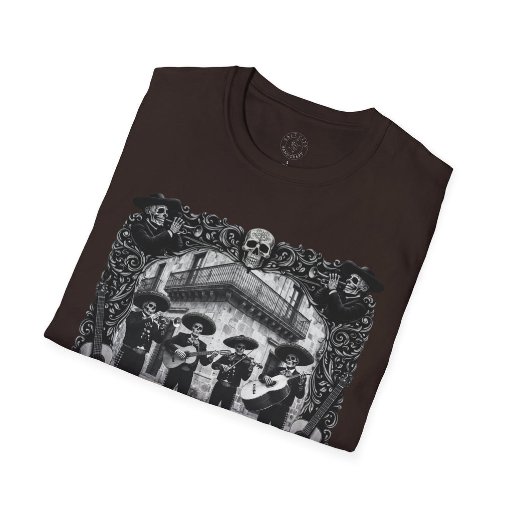 Skeleton Mariachi Band Tee | Ornate Gothic Style Framing | Unisex Softstyle T-Shirt