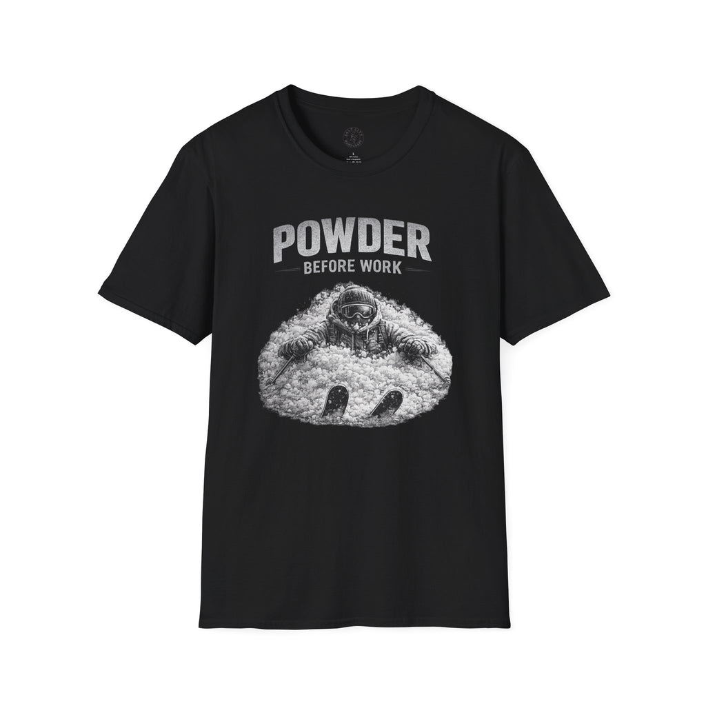 Powder Before Work T-Shirt — Ski & Snowboard Powder Lover Tee