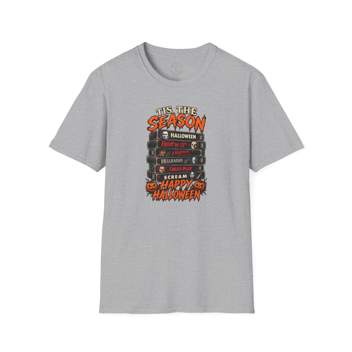 Halloween Horror Stack T‑Shirt — “’Tis The Season” Classic Horror VHS Design