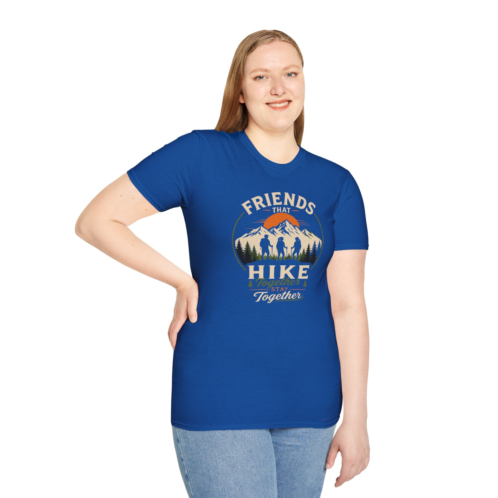 Hiking T-Shirt — "Friends That Hike Together" Retro Mountain Crew Tee