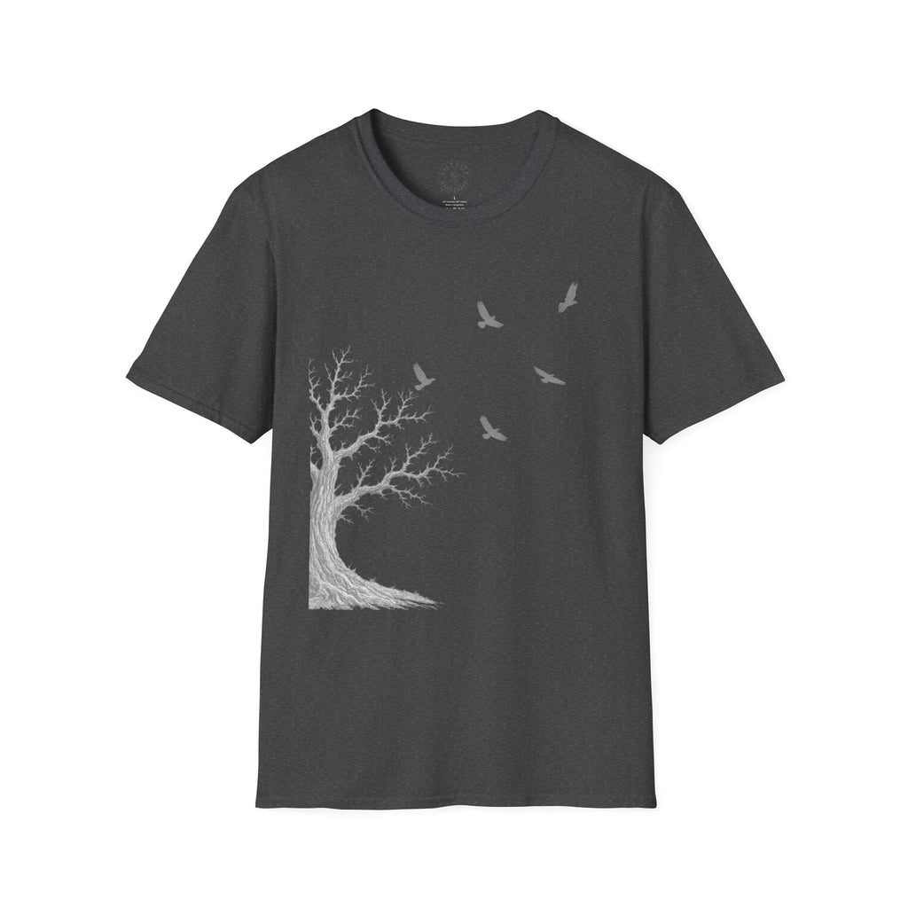 Ravens in Flight Tree T‑Shirt — Minimal Nature Graphic Tee