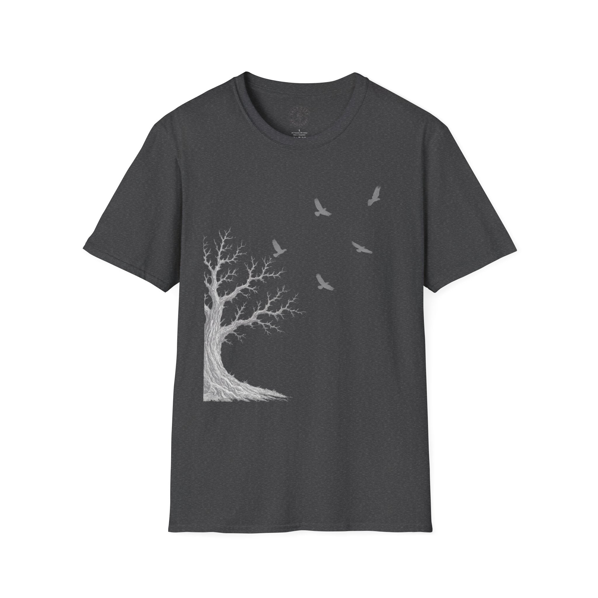 Ravens in Flight Tree T‑Shirt — Minimal Nature Graphic Tee