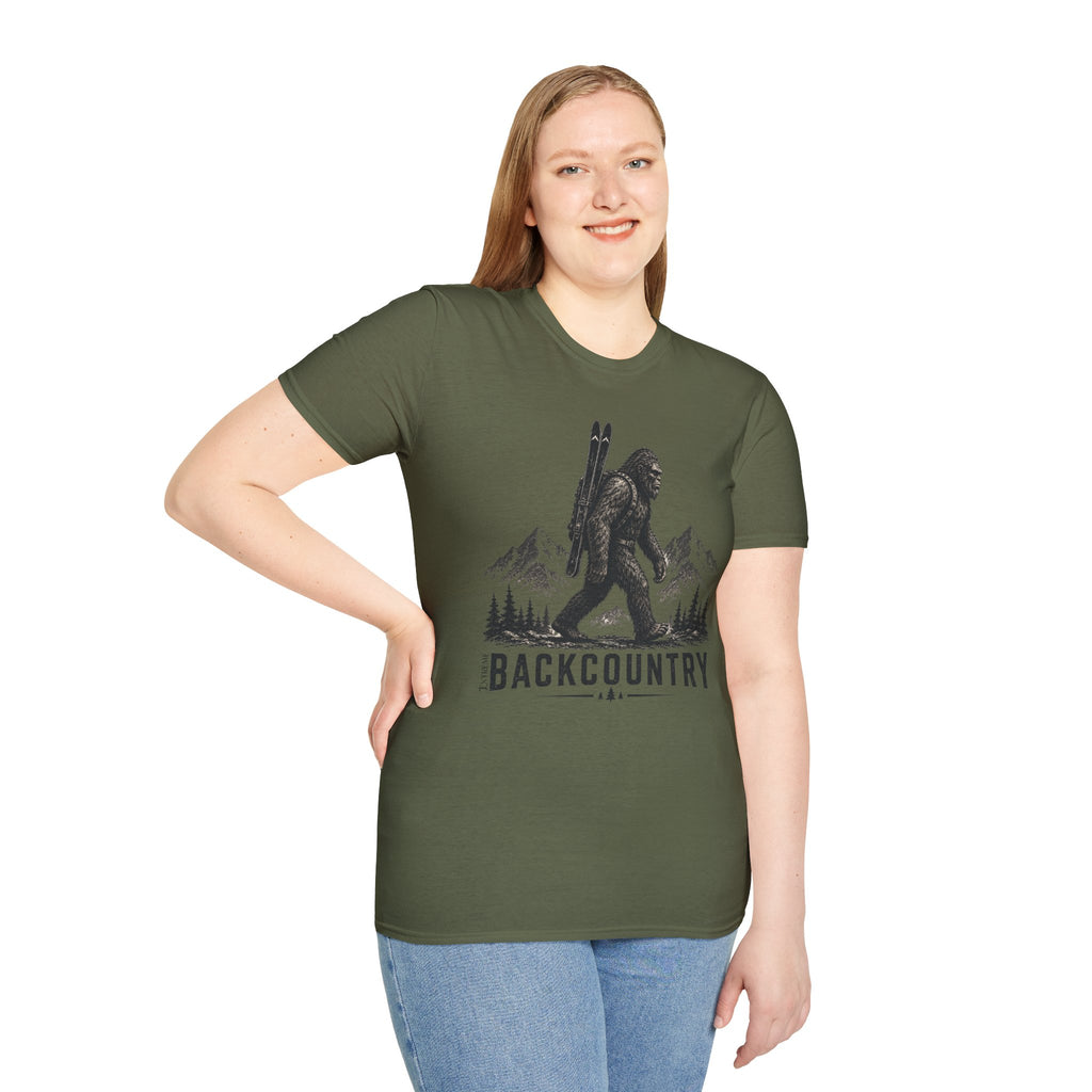 Backcountry Sasquatch T-Shirt — Mountain Skiing Bigfoot Outdoor Tee