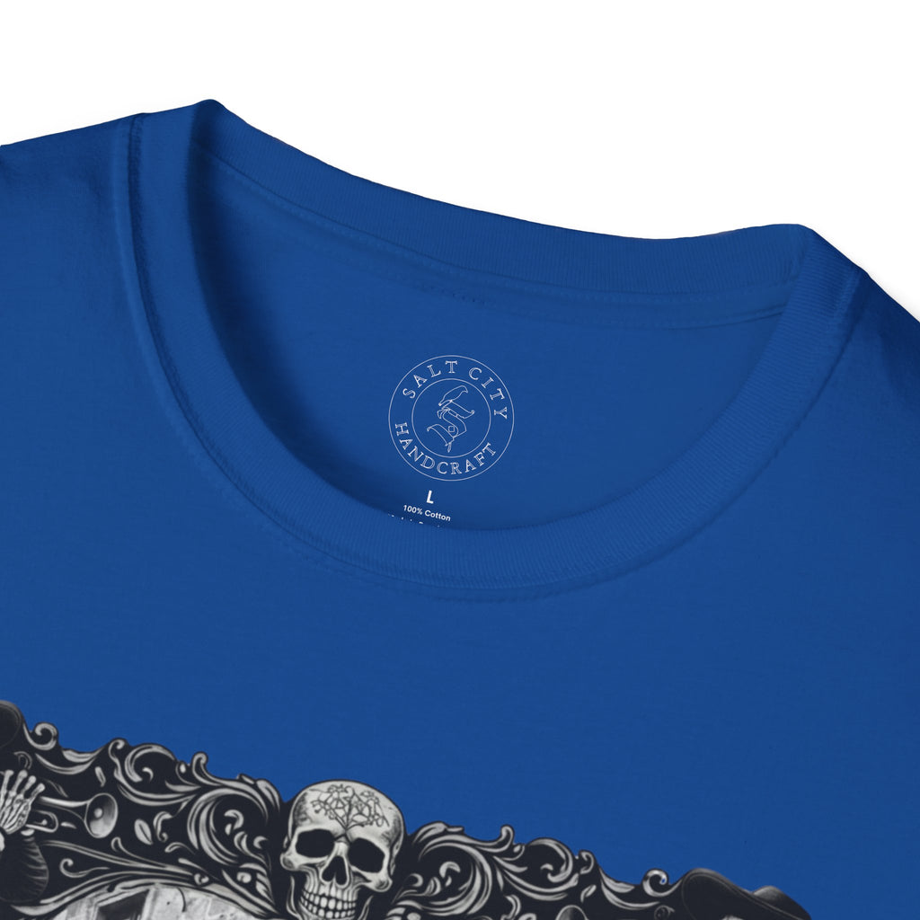 Skeleton Mariachi Band Tee | Ornate Gothic Style Framing | Unisex Softstyle T-Shirt