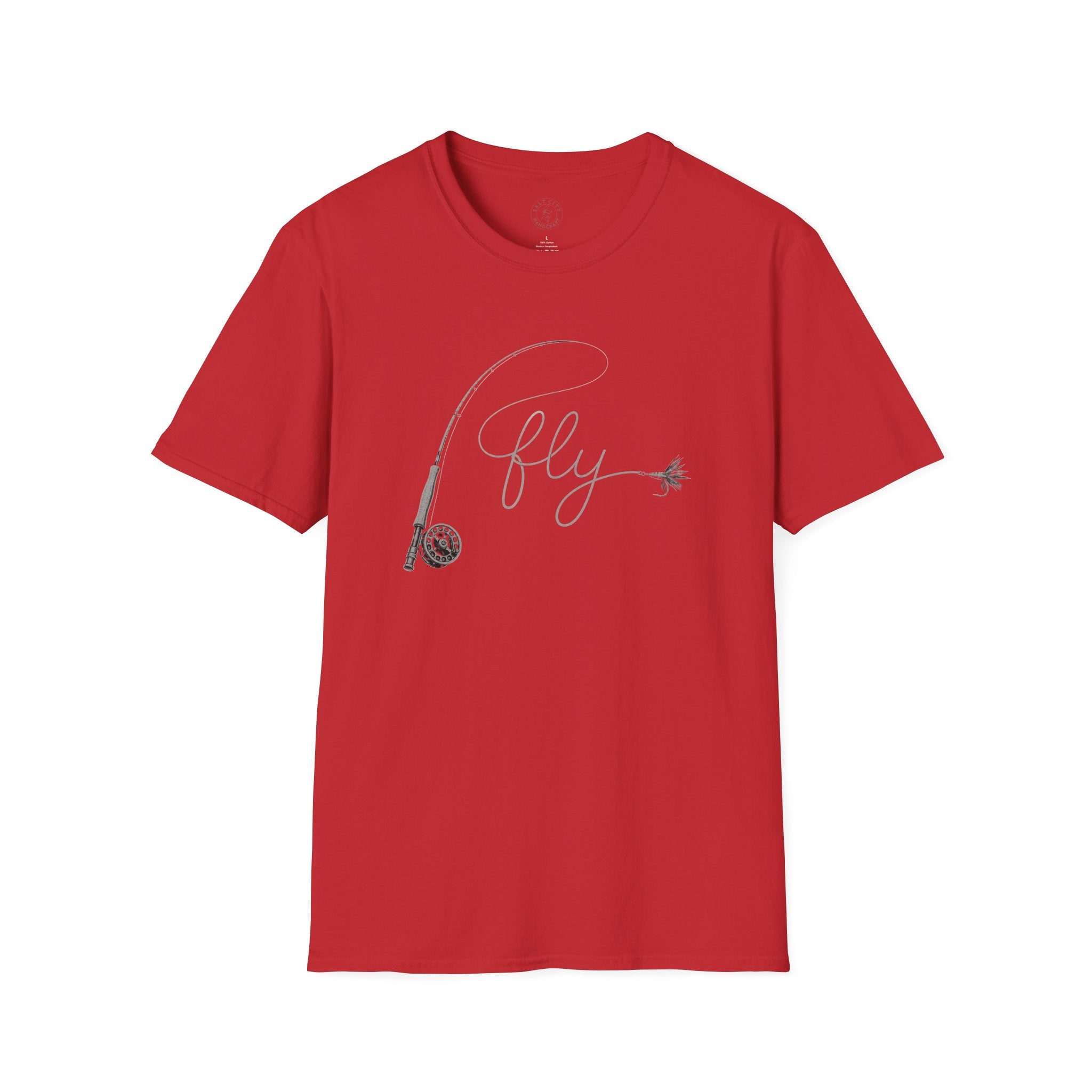 Fly Fishing T-Shirt — Minimal Fly & Rod Illustration