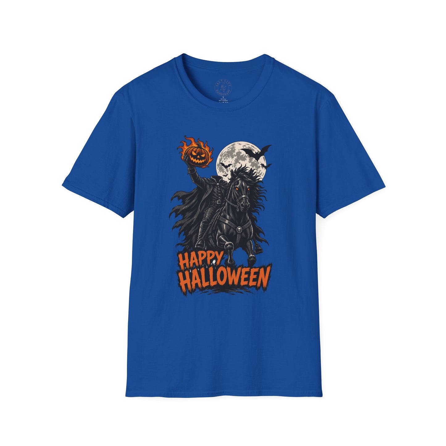 Happy Halloween Headless Horseman T‑Shirt — Pumpkin Head, Full Moon Gothic Tee