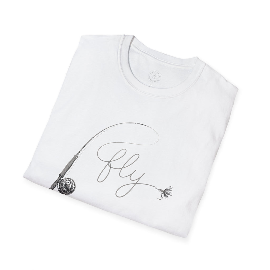 Fly Fishing T-Shirt — Minimal Fly & Rod Illustration