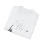 Fly Fishing T-Shirt — Minimal Fly & Rod Illustration