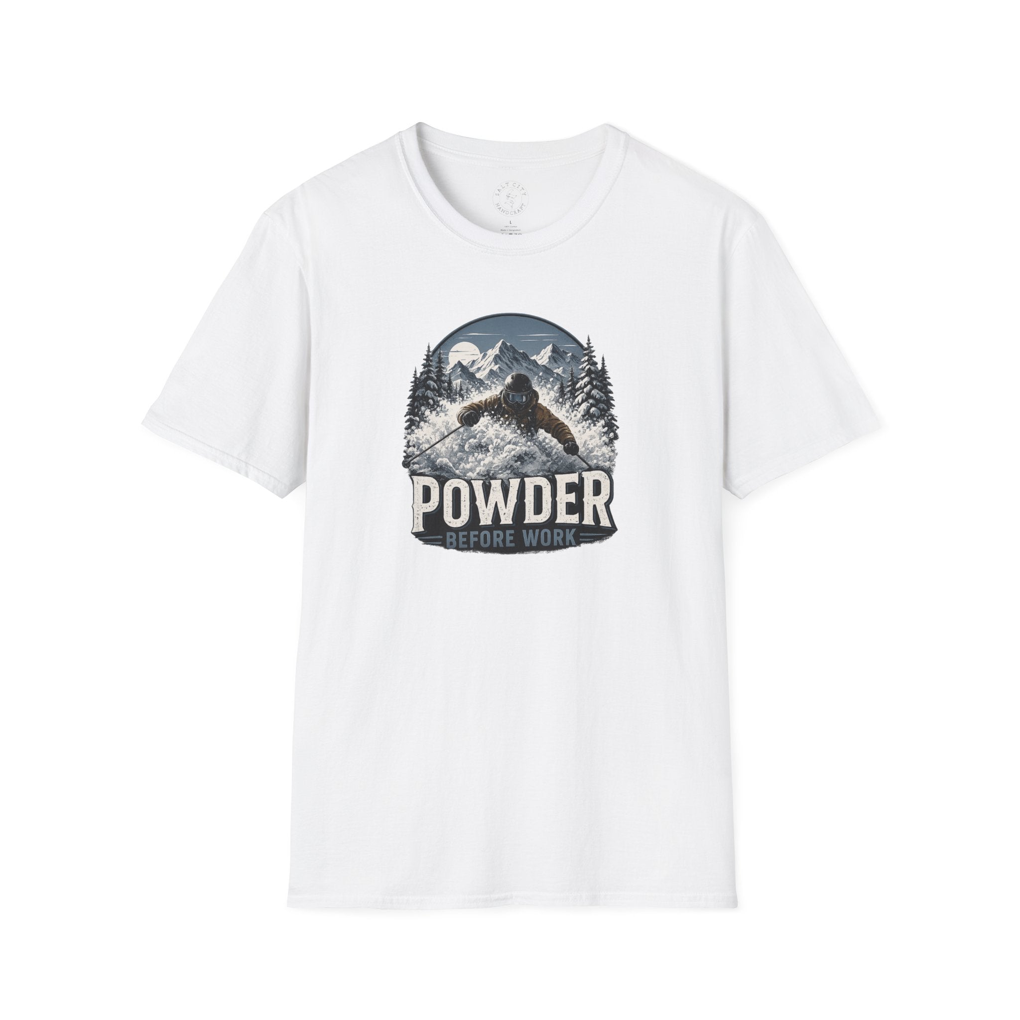 Powder Before Work Ski T-Shirt | Vintage Mountain Snowboarding Tee | Unisex Tee