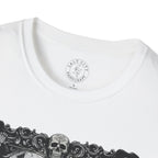 Skeleton Mariachi Band Tee | Ornate Gothic Style Framing | Unisex Softstyle T-Shirt