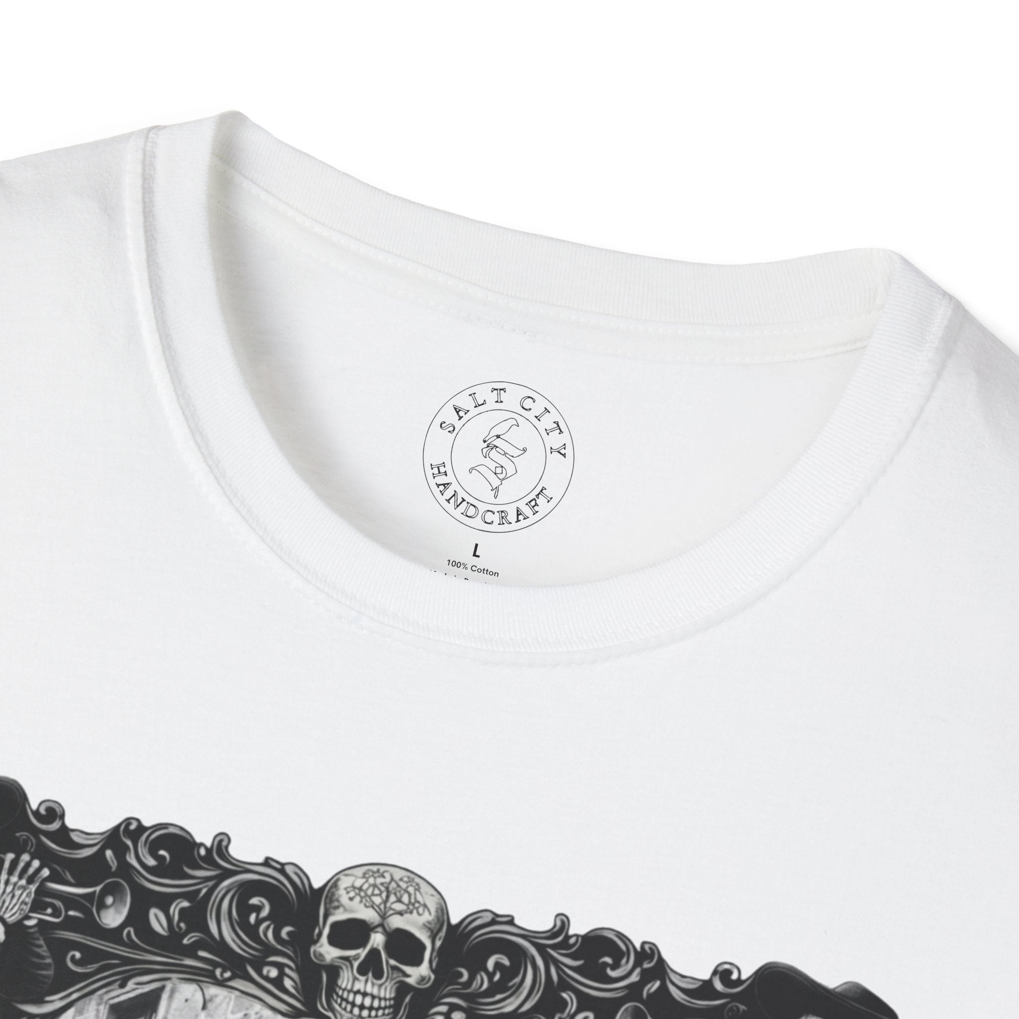 Skeleton Mariachi Band Tee | Ornate Gothic Style Framing | Unisex Softstyle T-Shirt