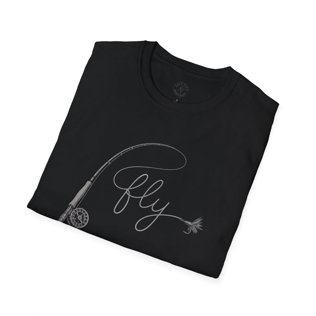 Fly Fishing T-Shirt — Minimal Fly & Rod Illustration