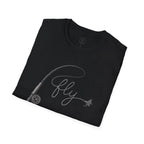 Fly Fishing T-Shirt — Minimal Fly & Rod Illustration