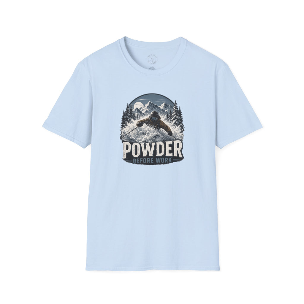 Powder Before Work Ski T-Shirt | Vintage Mountain Snowboarding Tee | Unisex Tee
