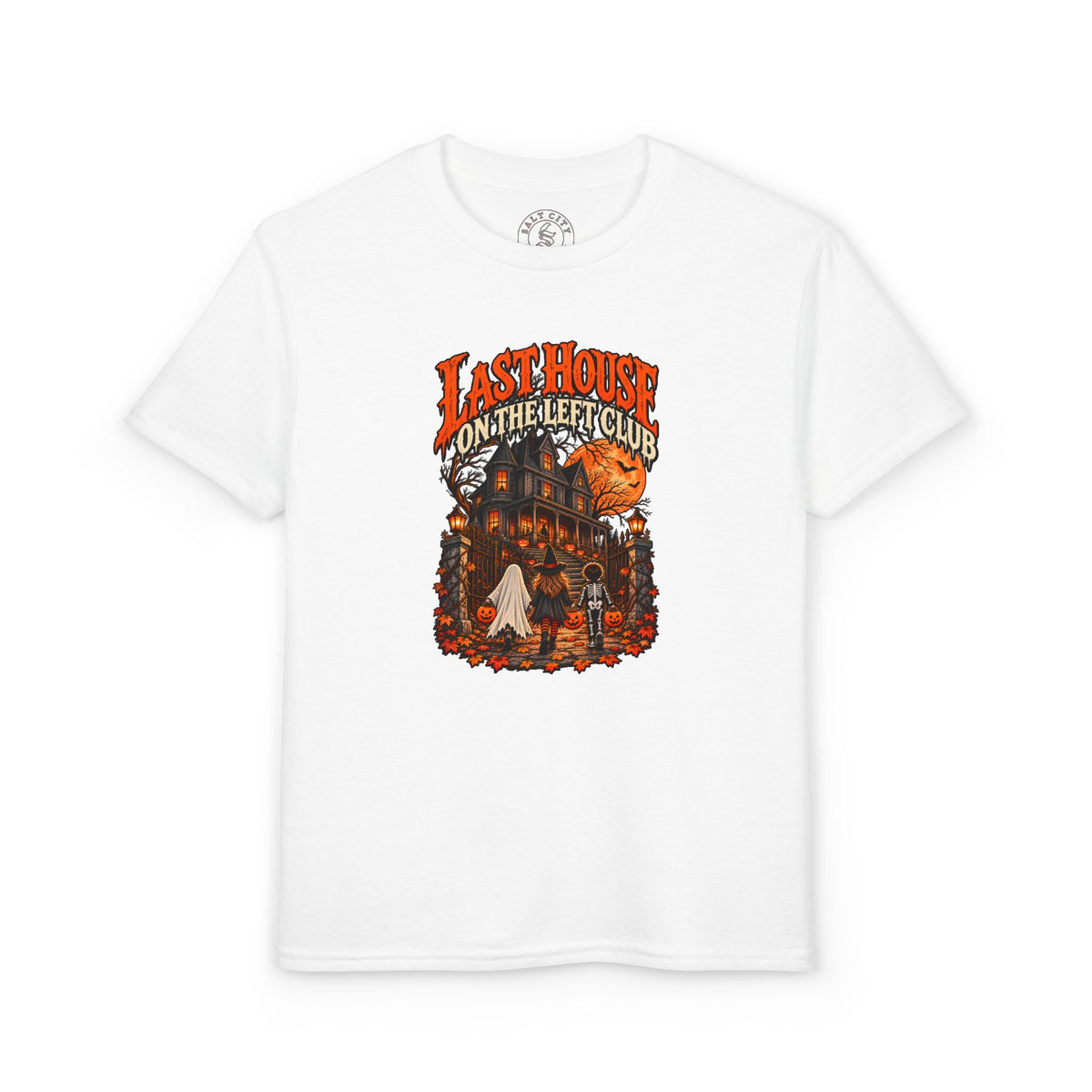 Youth T-Shirt — "Last House on the Left Club" Halloween Haunted House Graphic