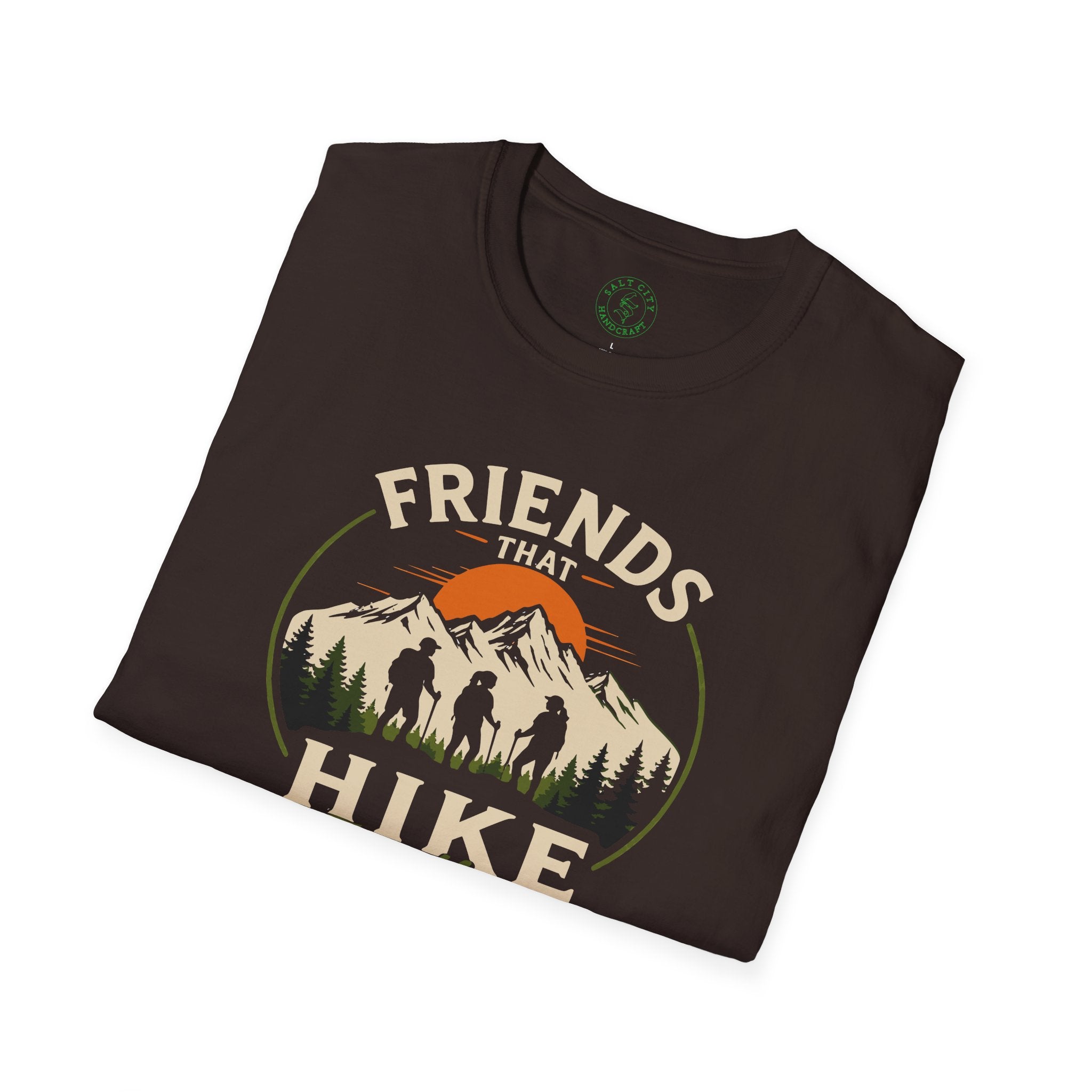 Hiking T-Shirt — "Friends That Hike Together" Retro Mountain Crew Tee