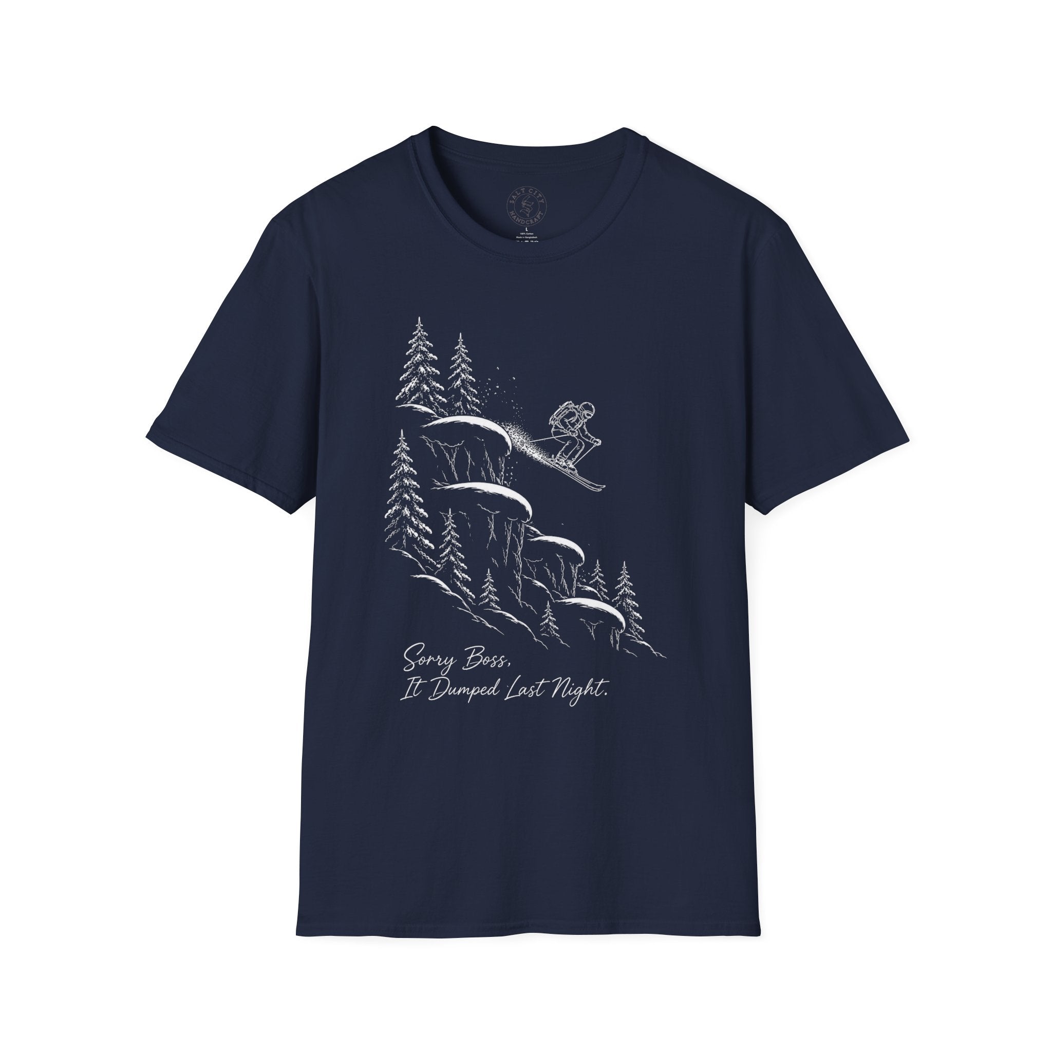 Skiing Cliffside T-Shirt — "Sorry Boss, It Dumped Last Night" Ski Adventure Shirt