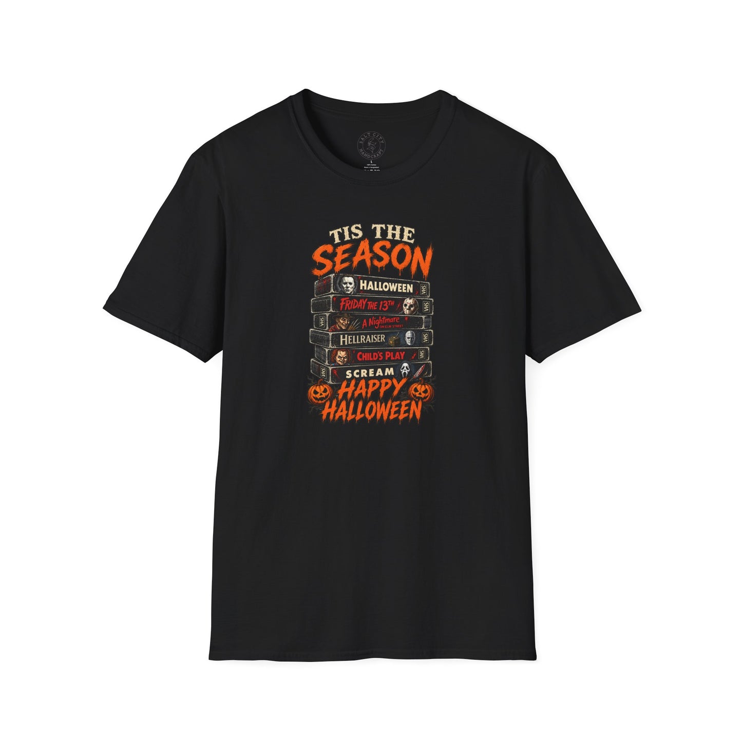 Halloween Horror Stack T‑Shirt — “’Tis The Season” Classic Horror VHS Design