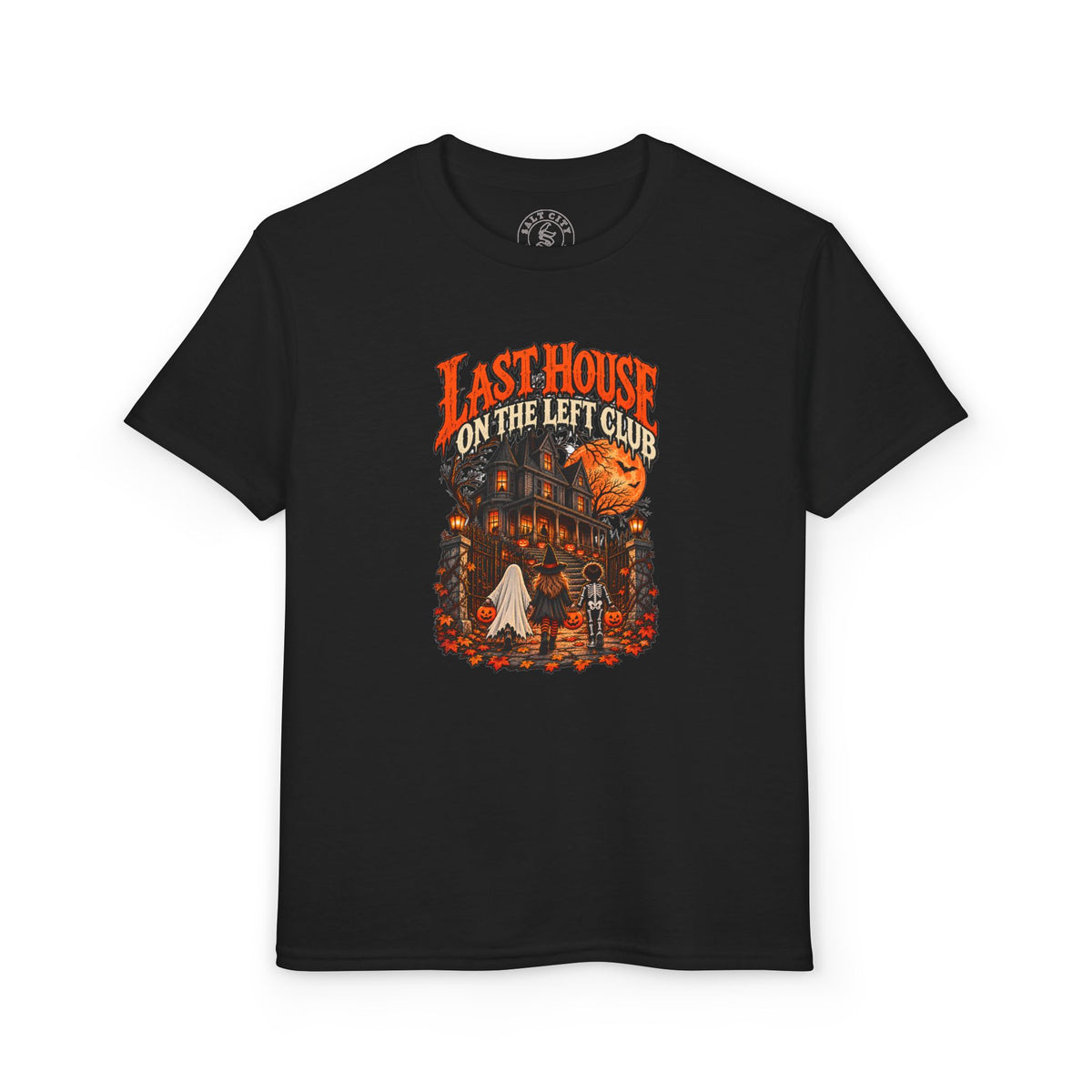 Youth T-Shirt — "Last House on the Left Club" Halloween Haunted House Graphic