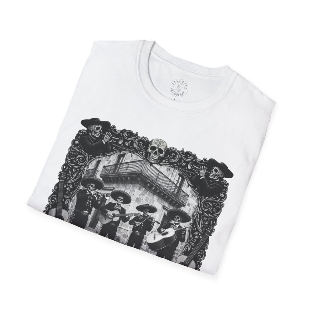 Skeleton Mariachi Band Tee | Ornate Gothic Style Framing | Unisex Softstyle T-Shirt