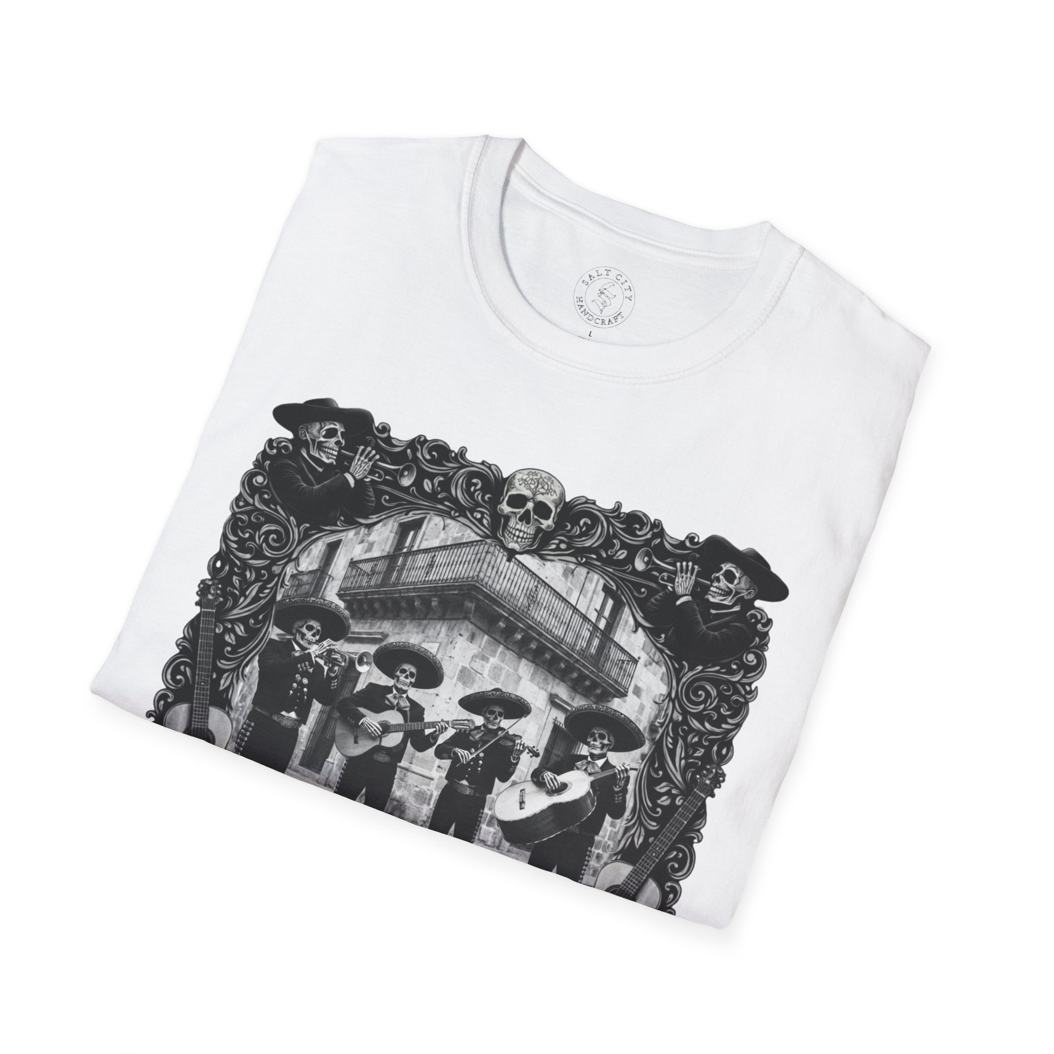 Skeleton Mariachi Band Tee | Ornate Gothic Style Framing | Unisex Softstyle T-Shirt