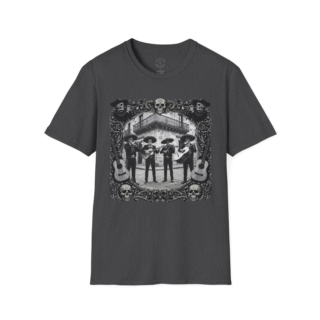 Skeleton Mariachi Band Tee | Ornate Gothic Style Framing | Unisex Softstyle T-Shirt